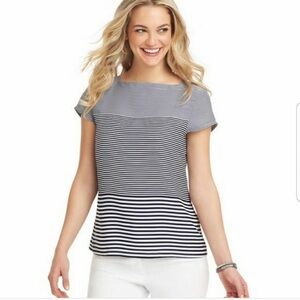 Ann Taylor LOFT Striped Square Neck Short Sleeve Blouse Sailor Nautical Navy XL